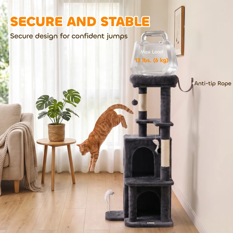 PawHut Arbre à Chat 4 Niveaux 132 cm, Niche, Lit, Plateforme, Poteaux à Griffer en Sisal, Jouets Suspendus, Gris Foncé