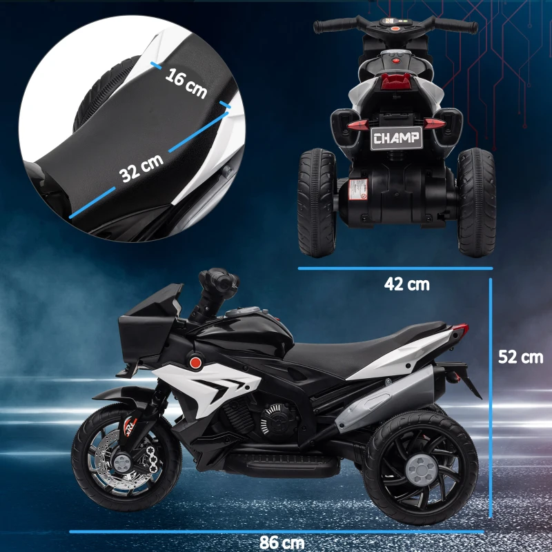 HOMCOM Motocicletă Electrică pentru Copii 3-5 Ani, max. 25 kg, 3 Roți, Lumini și Sunete, Baterie 6V, Negru, 86x42x52 cm