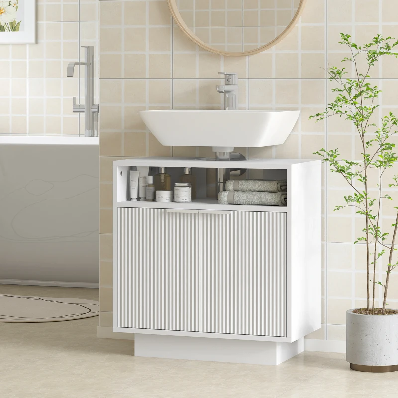 HOMCOM Mueble bajo Lavabo con 2 Puertas Acanaladas y Compartimento Abierto para Lavabo sin Pedestal 60x33x63 cm Blanco
