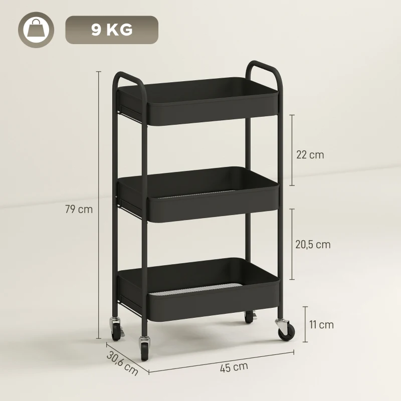 HOMCOM Mehrzweckwagen Rollwagen Küchenwagen, 3 Regale, 4 Rollen, 45 cm x 30,6 cm x 79 cm, Schwarz