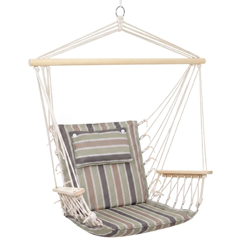 Outsunny Silla Colgante Estampado Rayas Hamaca con Cojín Reposacabezas para Interior Exterior 100x106 cm Carga Máx. 100 kg