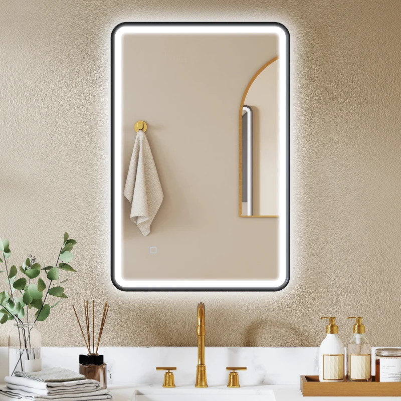 HOMCOM 90 x 60 cm LED-Badezimmerspiegel, Lichter, 3 Farben, dimmbar, Memory-Funktion, horizontal und vertikal, Schwarz