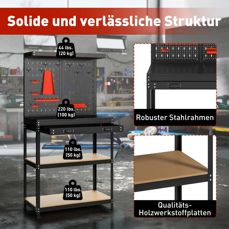 HOMCOM Werkbank 80 x 40,5 x 155 cm Werkzeugbank mit Lochwand, Haken,  Schublade, 2 Ablagen für Werkstatt Schwarz