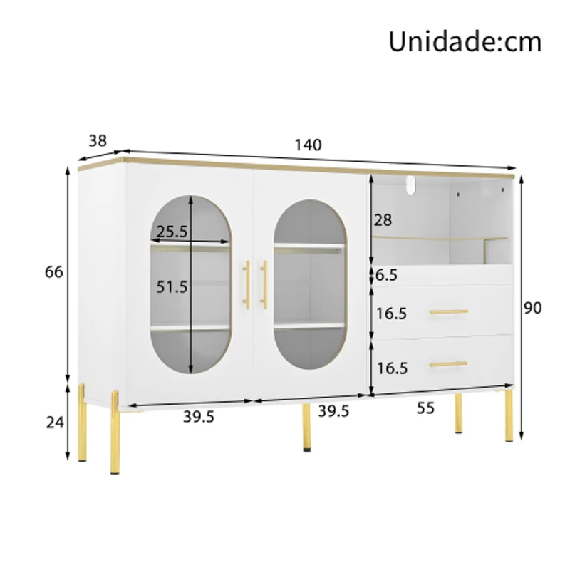 Aparador com 2 Gavetas e 2 Portas de Vidro, Amplo Espaço de Arrumação, 140x38x90 cm, Branco