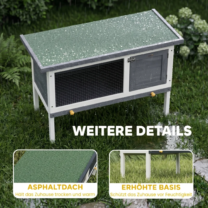 PawHut Hasenstall erhöhter Kaninchenstall aus Holz mit aufklappbar Bitumendach herausziehbarer Schublade 90x45x65 cm Grau