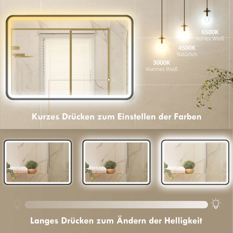 HOMCOM 90 x 60 cm LED-Badezimmerspiegel, Lichter, 3 Farben, dimmbar, Memory-Funktion, horizontal und vertikal, Schwarz