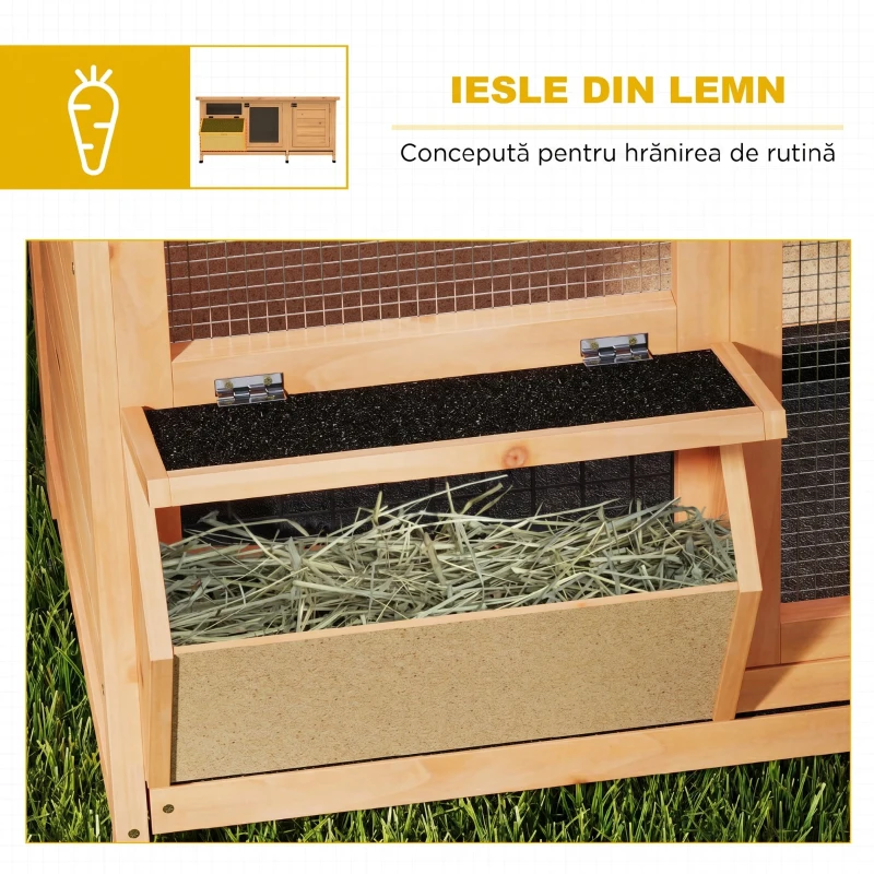 PawHut Cușcă din Lemn pentru Iepuri de Exterior cu Acoperiș din Asfalt, Căsuță, Tăvițe și Hrănitor, 112x50x54 cm, Galbenă