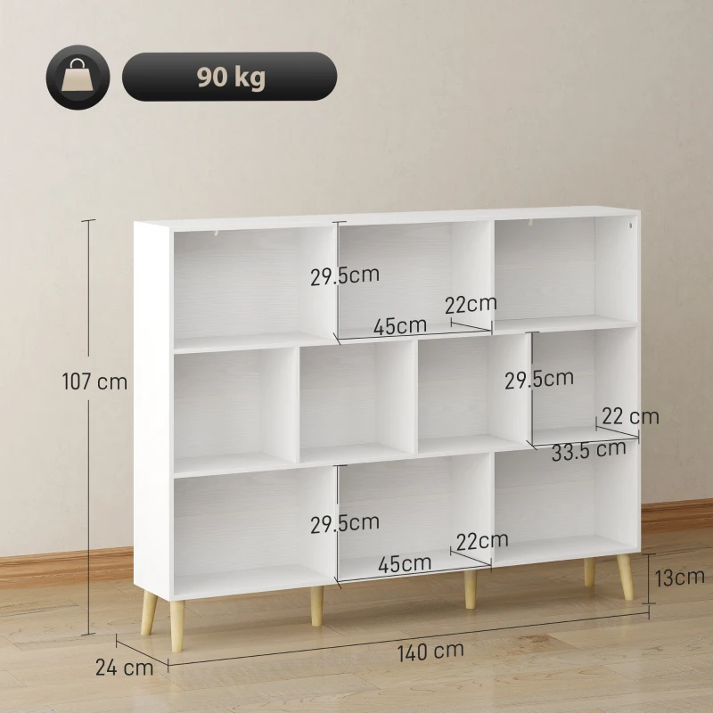 HOMCOM Bibliotecă cu 10 Cuburi, 3 Polițe, Picioare din Lemn Masiv, Alb cu Efect de Lemn, Albă