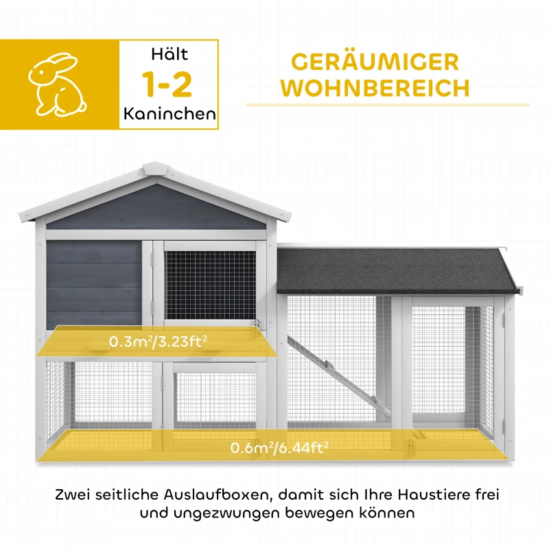 PawHut Kleintierstall mit Freilauf, Tannenholz, 147 x 54 x 84 cm, Grau
