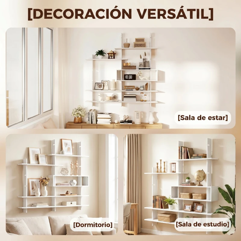 HOMCOM Estantería Flotante de Pared Geométrica con 4 Niveles y Compartimento Central Blanca