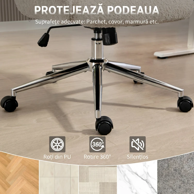HOMCOM Scaun de Birou Rotativ din Bouclé cu Tetieră, Înălțime Reglabilă, Funcție Balansare, Gri Deschis