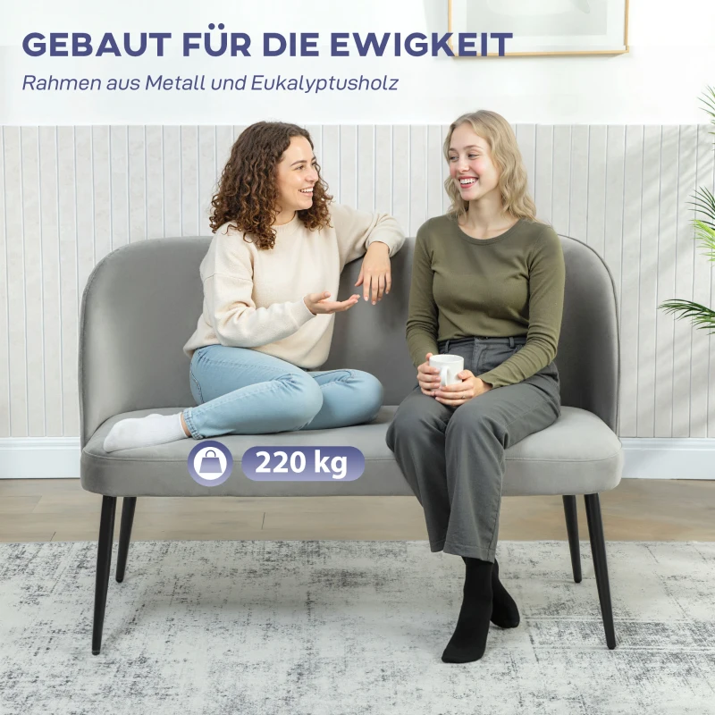 HOMCOM 2-Sitzer-Sofa, moderne Polstercouch mit Metall- und Holzrahmen, samtartiger Stoffbezug, Grau