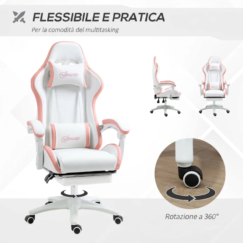 Vinsetto Sedia da Gaming con Altezza Regolabile e Schienale Reclinabile, 65x65x121-129 cm, Bianco e Rosa