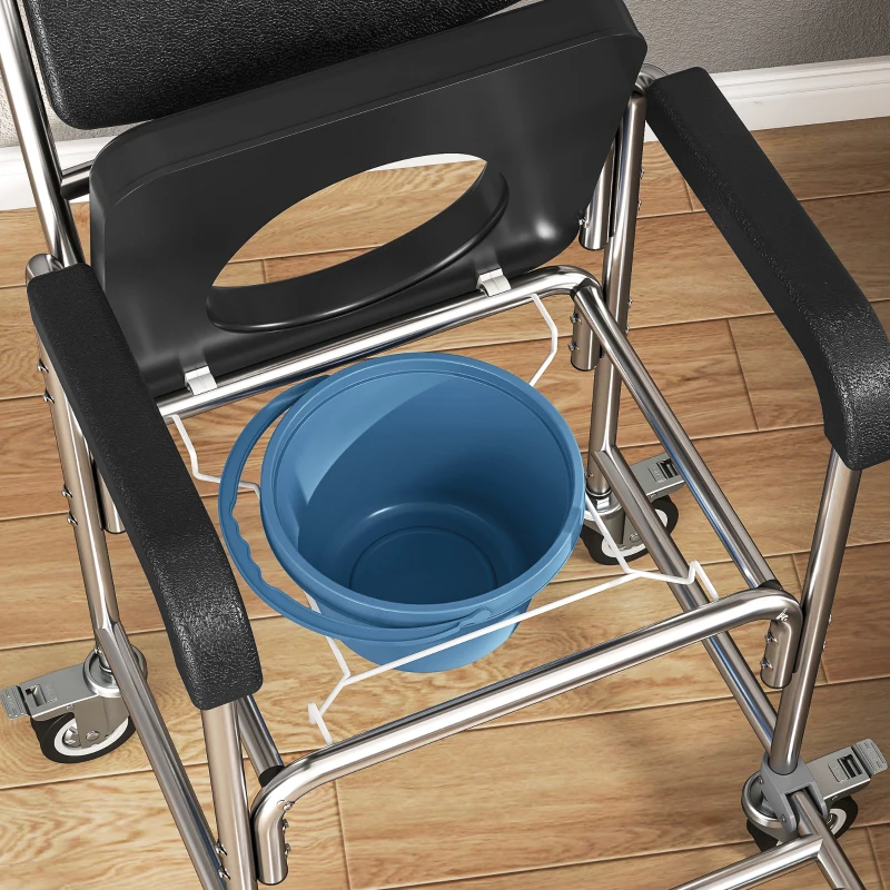 HOMCOM Transport Beside Shower Chair, 3-in-1 Commode Chair with Wheels and Padded Seat, Black