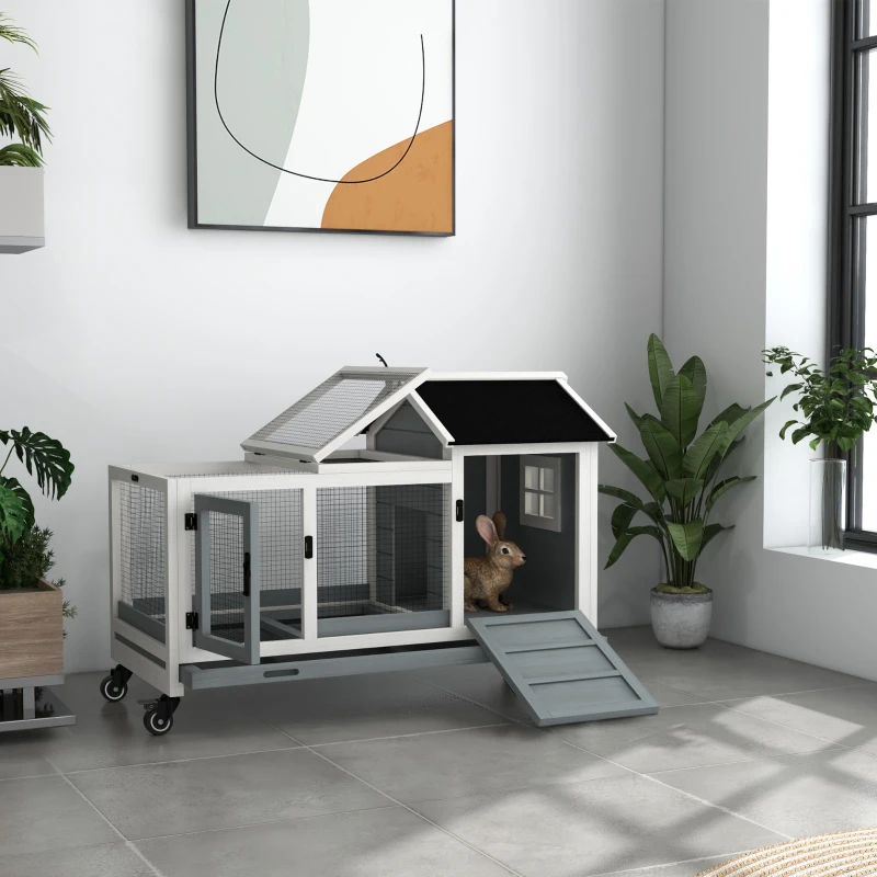PawHut Clapier cage à lapins rongeurs sur roulettes 2 portes verrouillables - dim. 108L x 58l x 73,5H cm - bois massif