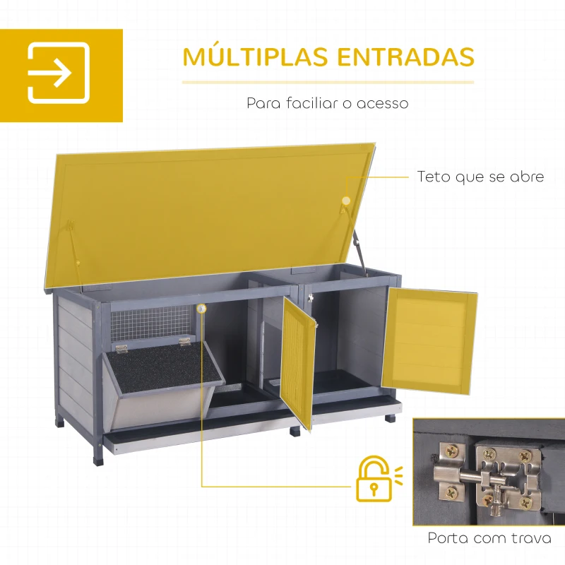 PawHut Coelheira de Madeira Gaiola para Coelhos com Telhado Asfáltico Rebatível Portas com Fecho Bandejas Removíveis 112x50x54 cm Cinzento