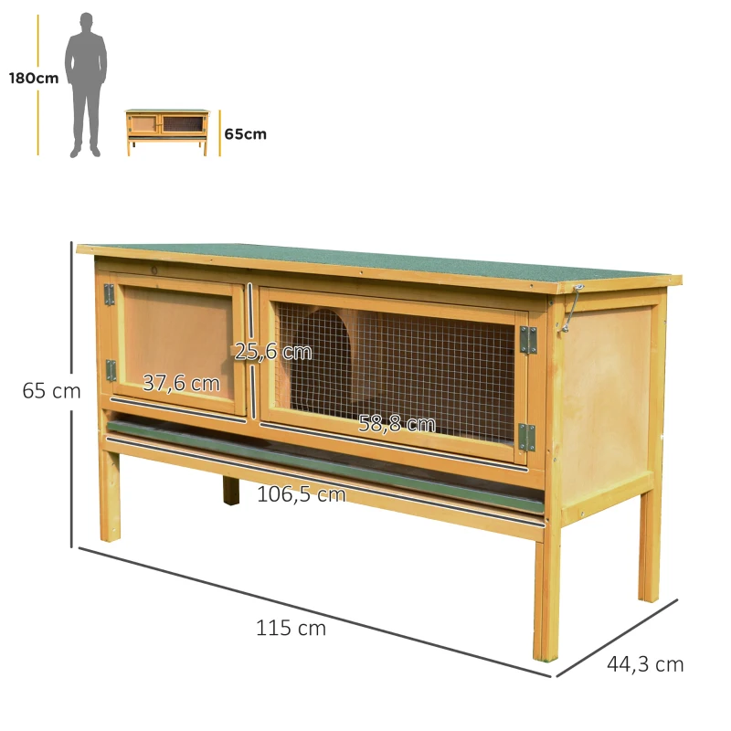 PawHut Hasenstall Kaninchenstall aus Holz mit aufklappbarem Dach, 2 Türen, auslaufsicherer Schale, 115x44,3x65 cm Hellgelb