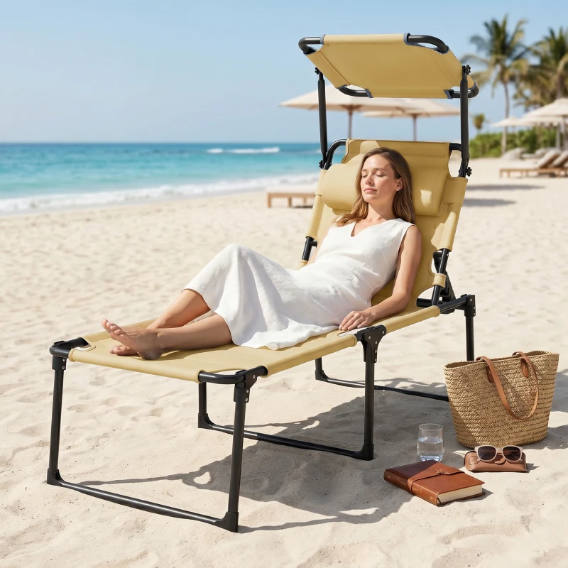 Outsunny Tumbona de Jardín con Toldo Ajustable Respaldo Regulable en 4 Niveles Reposacabezas para Terraza 70x200x45 cm Crema