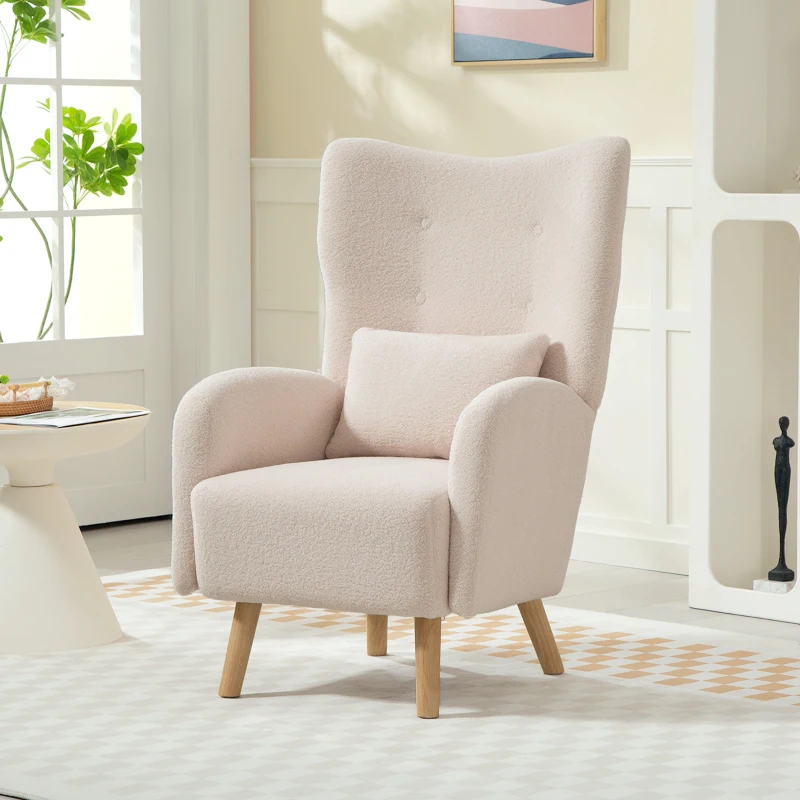 HOMCOM Akzentstuhl, Polstersessel mit Plüschbezug, Schaumstoffkissen, Ohrensessel, Beige(m-10)