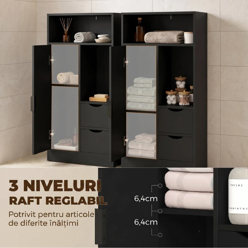 HOMCOM Dulap Baie Îngust cu 2 Sertare și Rafturi Reglabile pentru Bucătărie, Living, Hol, Negru