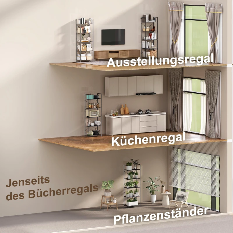 HOMCOM Bücherregal, Standregal mit 5 Ebenen, Industrielles Büroregal mit Metallrahmen, offenes Aufbewahrungsregal für Wohnzimmer, Büro, Arbeitszimmer, 60x30x170,5 cm, Schwarz