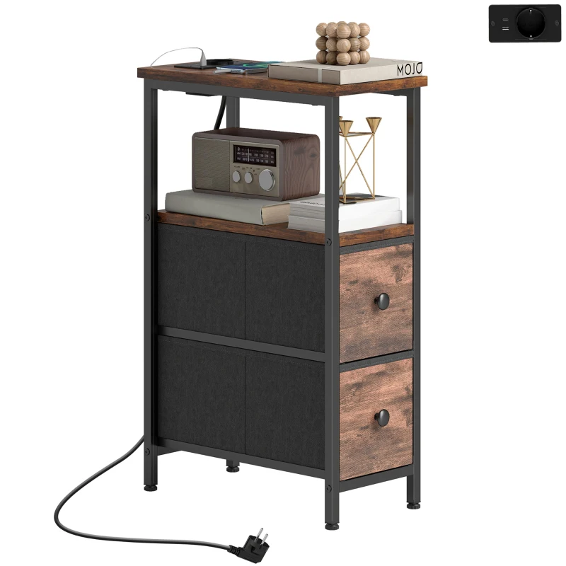 HOMCOM Couchtisch Beistelltisch mit Ladestation, Stahlrahmen, 2 Stoffschublade, offen Fach, 20cm x 40cm x 63cm, Rustikal-Braun