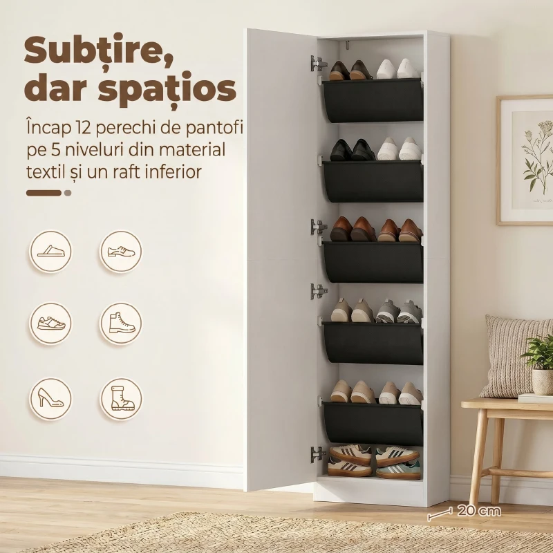 HOMCOM Dulap pentru Pantofi cu Oglindă, Uși Reversibile cu 5 Rafturi din Material Textil, 50 x 20 x 180 cm, Alb