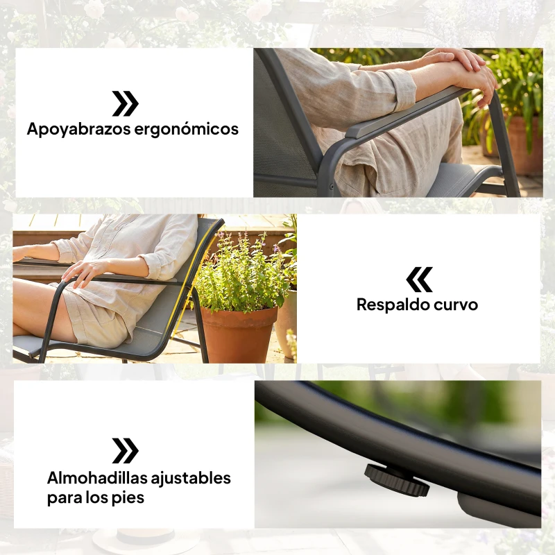 Outsunny Conjunto de Jardín de 3 Piezas con 2 Sillas Mecedoras Mesa con Encimera de Vidrio y Estructura de Acero para Patio Gris