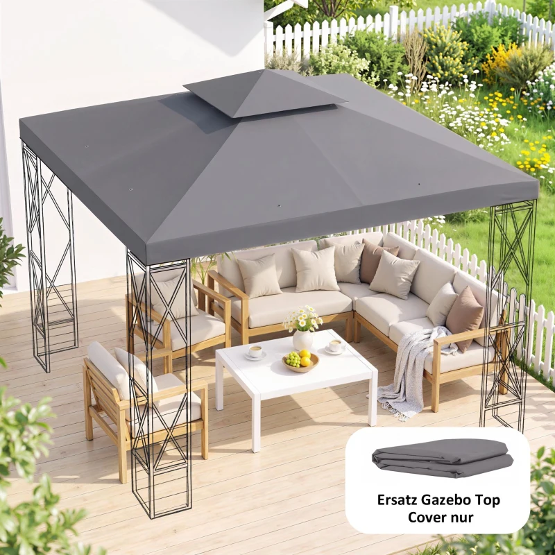 Outsunny Ersatzdach für Pavillon 3 x 3 m wasserdicht Pavillondach mit Doppeldach Ablauflöcher, Ersatzbezug Ersatzteile für Gartenpavillon Gartenzelt Dunkelgrau
