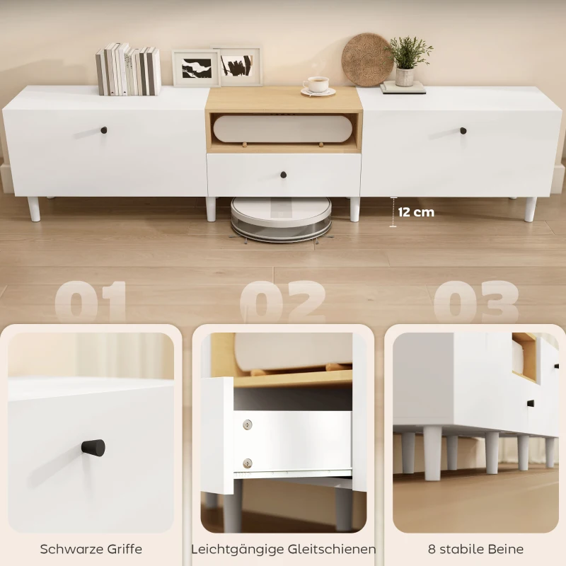 HOMCOM 200 cm TV-Kommode für Fernseher bis zu 90 Zoll, 2 Klappenfächer, offenes Fach, Schublade, 8 Beine, Spanplatte, Weiß