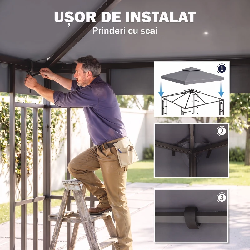 Outsunny Acoperiș de Rezervă pentru Foișor 3x3m cu Design pe Două Niveluri, Rezistent la Razele UV, Gri Închis