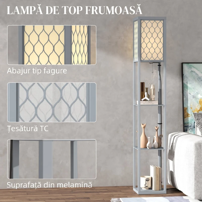 HOMCOM Lampadar Podea 2 în 1, 3 Rafturi, Economisire Spațiu, Soclu E27, 26x26x160 cm, Gri Deschis