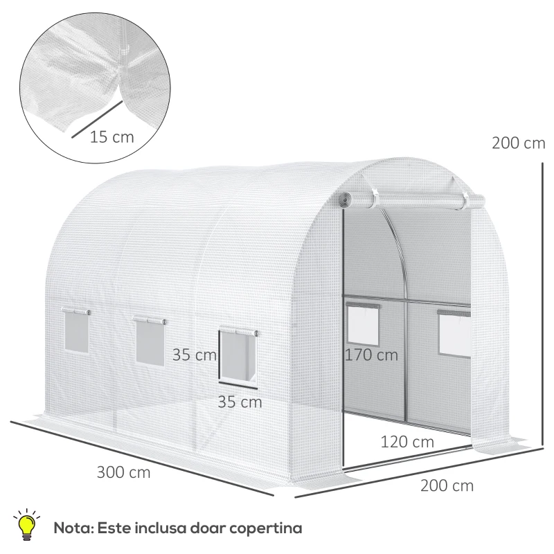 Outsunny Folie Sere din PE cu 6 Ferestre, Ușă Rulantă și Margini Îngropate, 3x2x2 m, Alb