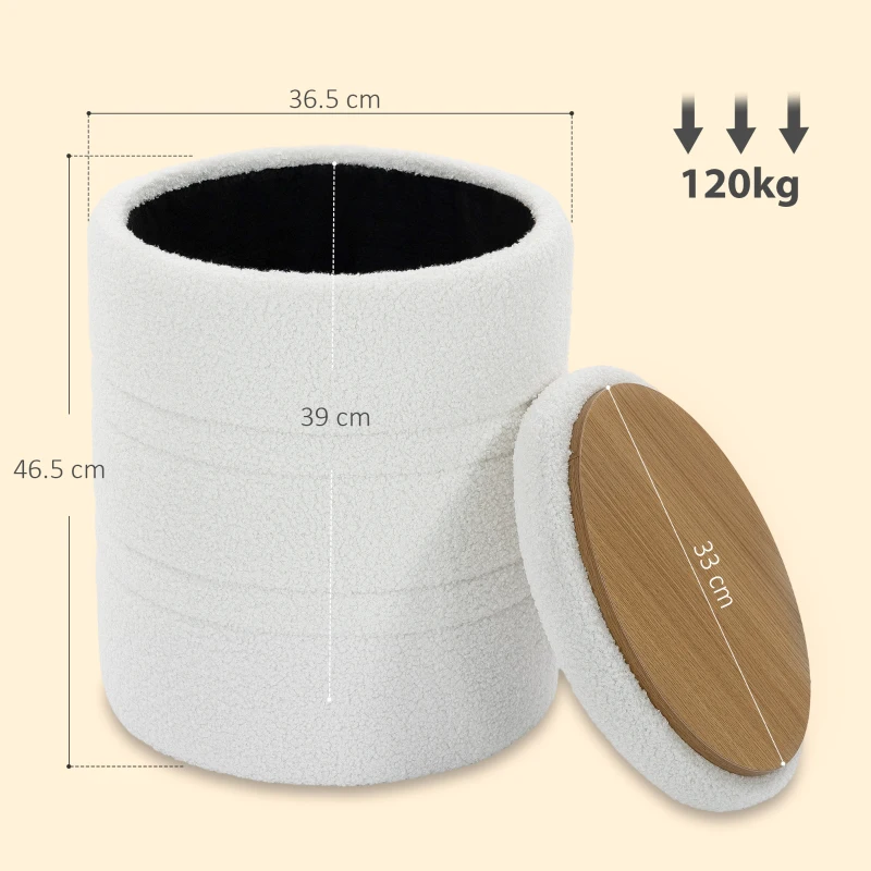 HOMCOM Taburet Rotund Tip Pouf cu Spațiu de Depozitare 33L din Sherpa cu Capac, Capacitate 120kg, Living, Hol, Alb