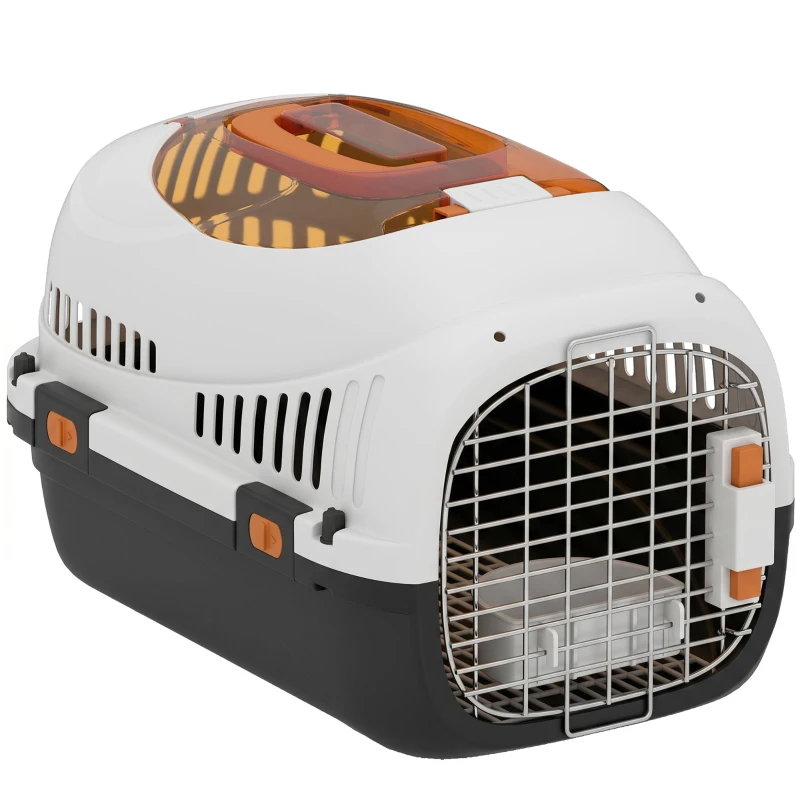 PawHut Plastic Pet Carrier Hard Shell Dog Cat Carrier Max 4 KG Steel Door Feed Bowl Secure Lock 49 x 32 x 31 cm