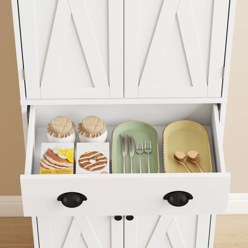 HOMCOM Armário Alto de Cozinha Armário de Cozinha com 4 Portas Gaveta e Prateleiras Ajustáveis Estilo Rústico 62x38x173 cm Branco