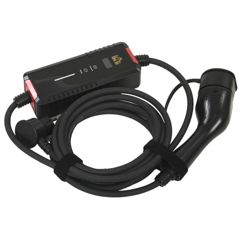HOMCOM Cable de Carga Coche Eléctrico Tipo 2 3,7kW 5m 6-16A Temporizador 1-12h Enchufe Schuko Pantalla LCD IP65 de Pared Bolsa