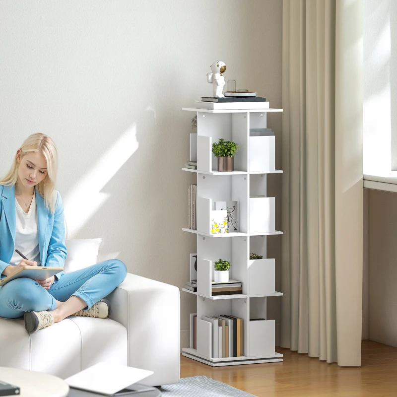 HOMCOM Drehbares Bücherregal mit 4 Ebenen, 16 Fächer, leicht zugänglich, für Schlafzimmer, Wohnzimmer, Arbeitszimmer, Spanplatte, Weiß