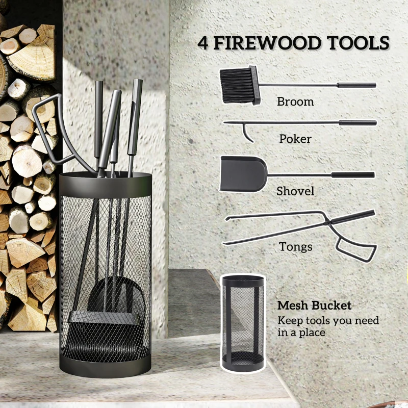Outsunny 5-Piece Fireplace Tools Set with Mesh Basket, Indoor Outdoor Fireside Accessories for Fireplaces, Fire Pits, Black
