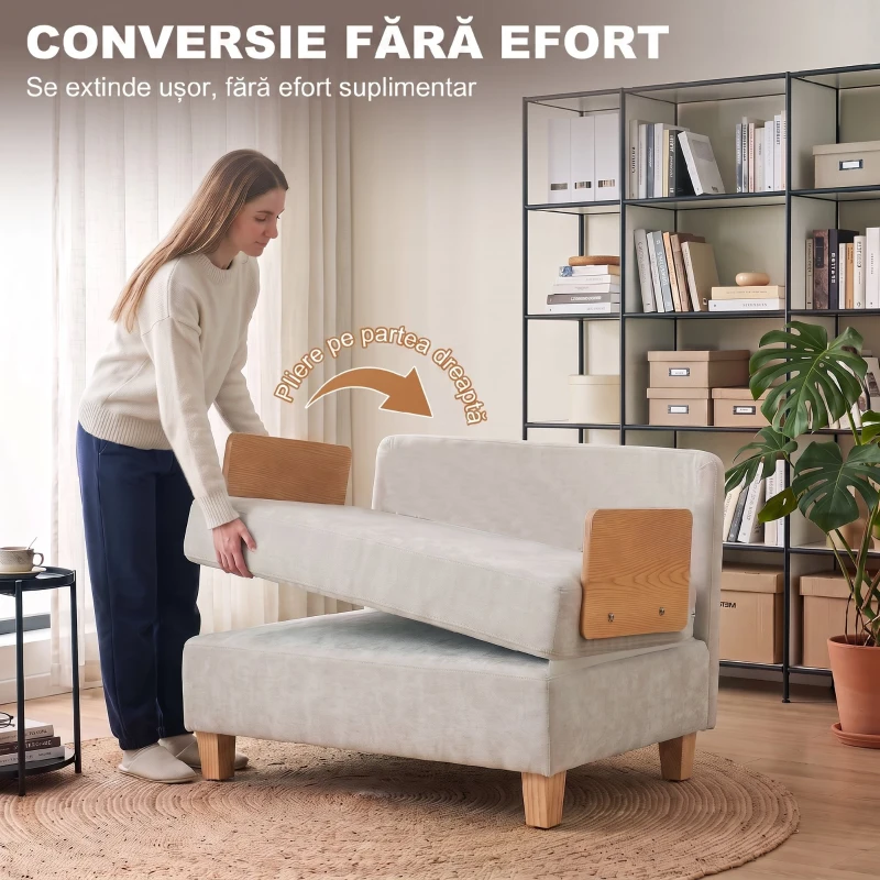 HOMCOM Fotoliu Pat 2 în 1 pentru O Persoană, Pliabil, cu 2 Perne, Economisire Spațiu, Țesătură Efect In și Catifea, Crem