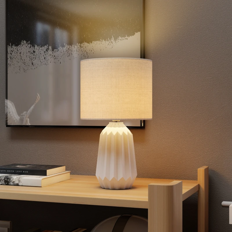 HOMCOM Tischlampe, Tischleuchte, Nachttischlampe mit Leinenschirm, Wippschalter, Schreibtischlampe, 22 x 22 x 39 cm, Weiß