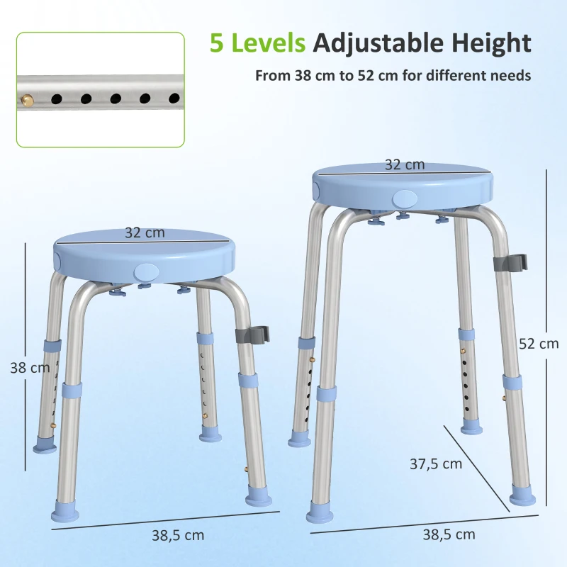 HOMCOM Tabouret de Douche Pivotant, 5 Hauteurs Réglables, Antidérapant, en Alliage d'Aluminium, Charge 136kg, Bleu ciel