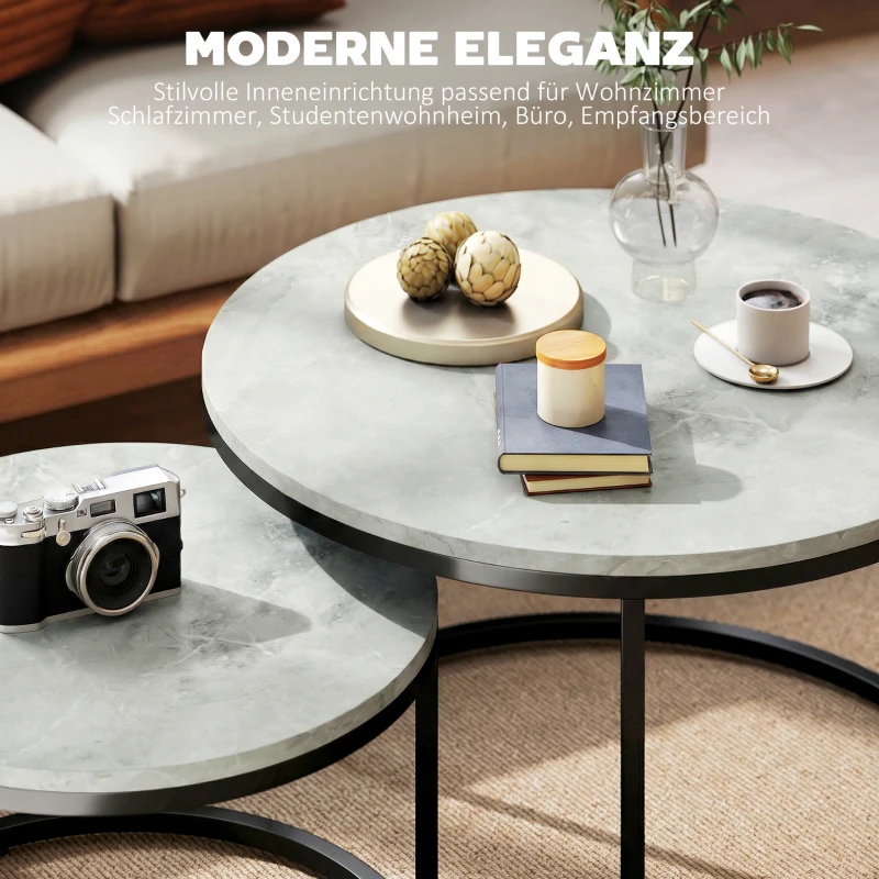 HOMCOM Modernes Kaffeetisch 2er-Set, Stapelbare Beistelltische mit Metallgestell für Wohnzimmer, Schlafzimmer, Büro, Grau