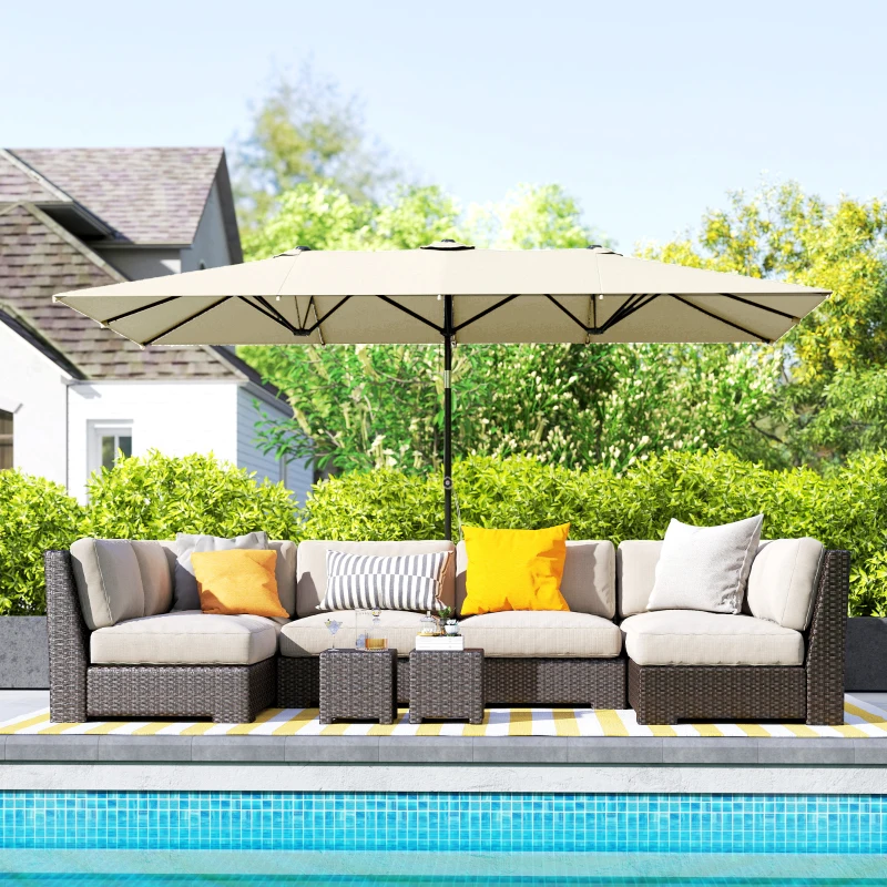 Outsunny Ombrellone Doppio Inclinabile e Regolabile con Cordicella, in Poliestere e Metallo, 150x295x170-214 cm, Crema