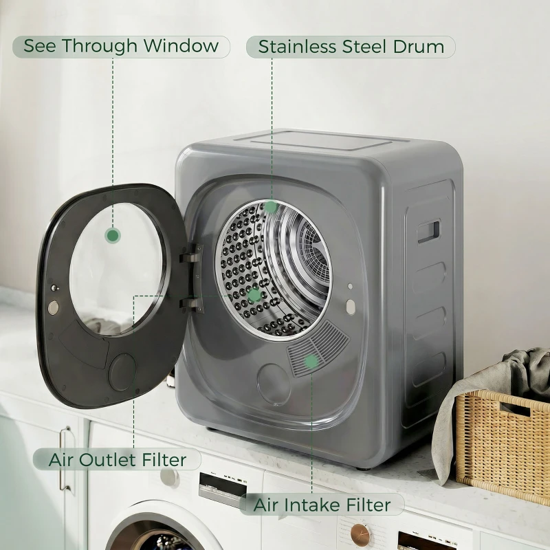 HOMCOM 4kg Vented Tumble Dryer with 5 Drying Mode, 800W Compact Freestanding Front Tumble Dryer, Silver