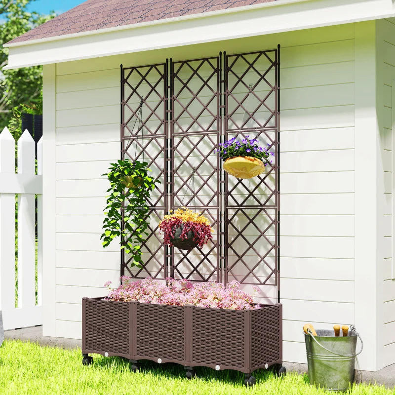 Outsunny Plastic Raised Planter with Trellis, Self Watering Raised Bed for Garden with Wheels, Drainage Holes and Plugs