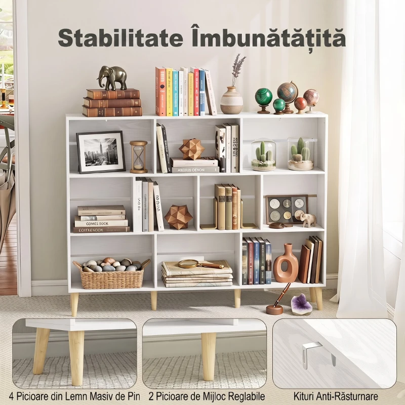 HOMCOM Bibliotecă cu 10 Cuburi, 3 Polițe, Picioare din Lemn Masiv, Alb cu Efect de Lemn, Albă
