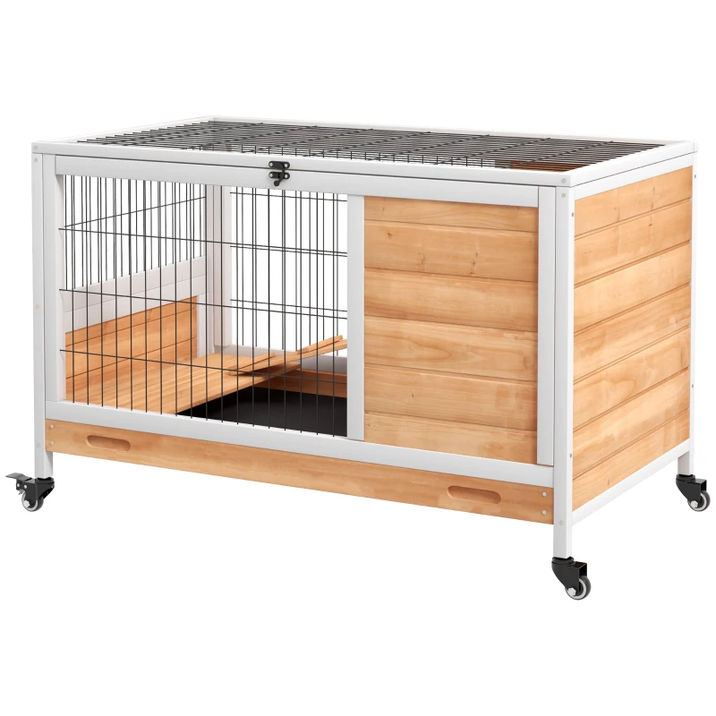 PawHut Conigliera in Legno con 4 Ruote, Casetta per Conigli e Rampa, 90x53x59cm, Giallo