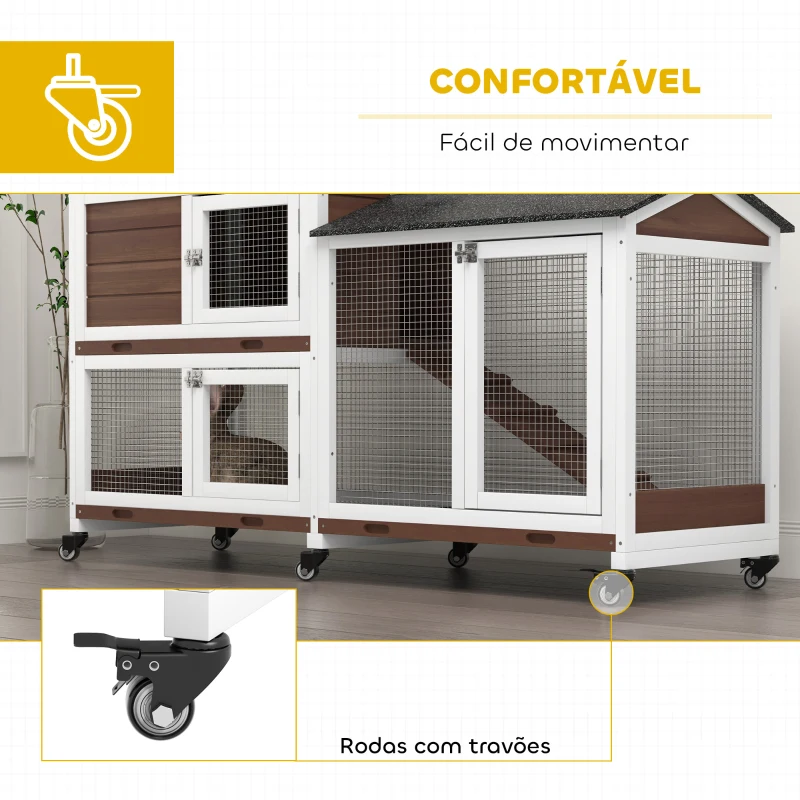 PawHut Casota para Coelhos para Exterior 157,4x53x99,5 cm Gaiola Grande com Rodas, Telhado Asfáltico, Tabuleiros Removíveis e Rampa Castanha