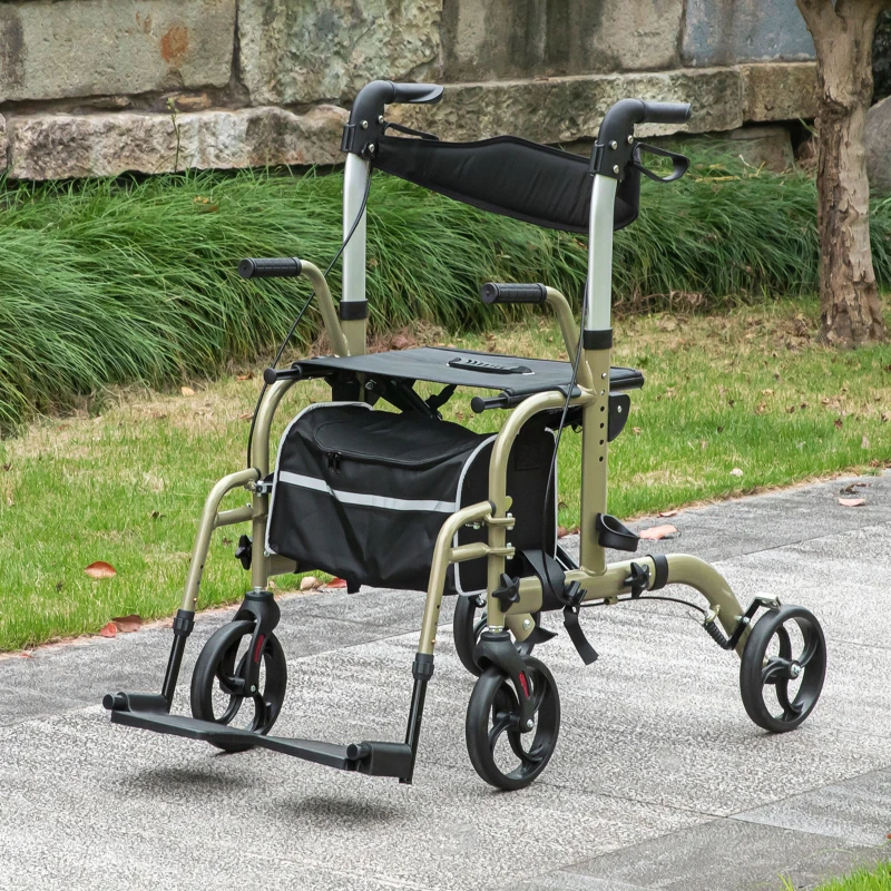 HOMCOM Deambulatore Pieghevole con Poggiapiedi e Borsa, in Alluminio, PP e Poliestere, 59x104x88-101 cm, Giallo e Verde